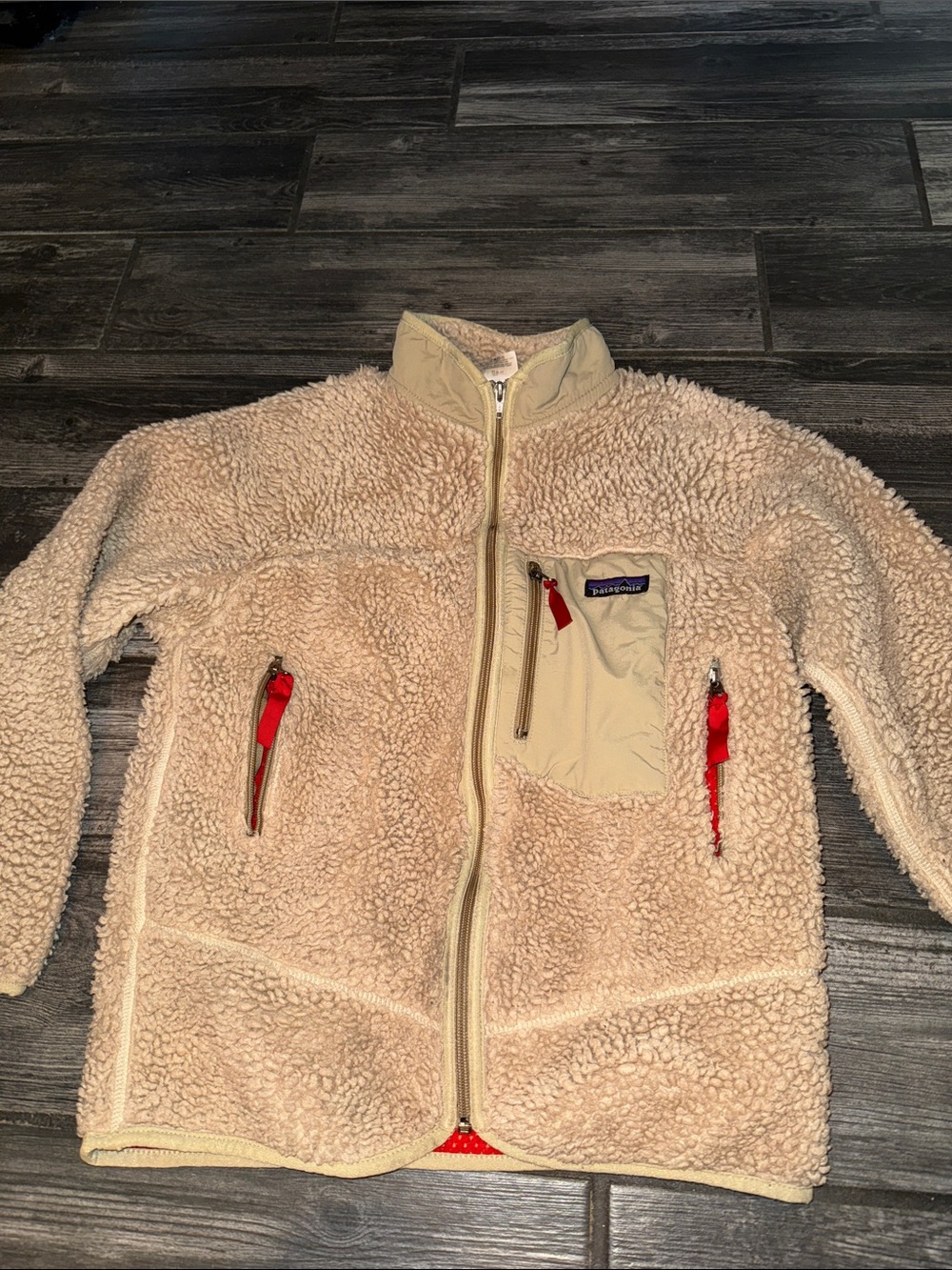 Patagonia Kids Cream Sherpa Fleece Jacket with Red Zipper Accents